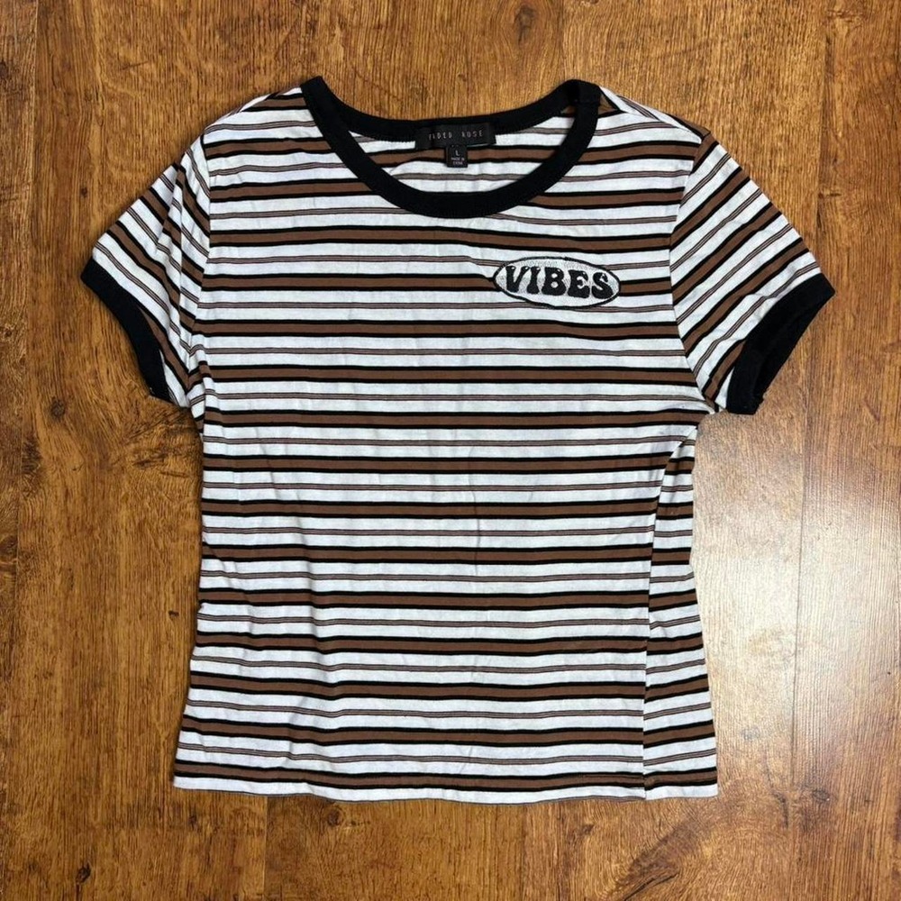 Faded Rose Vibes Striped Baby Tee Brown Black White Ringer T-Shirt Size L